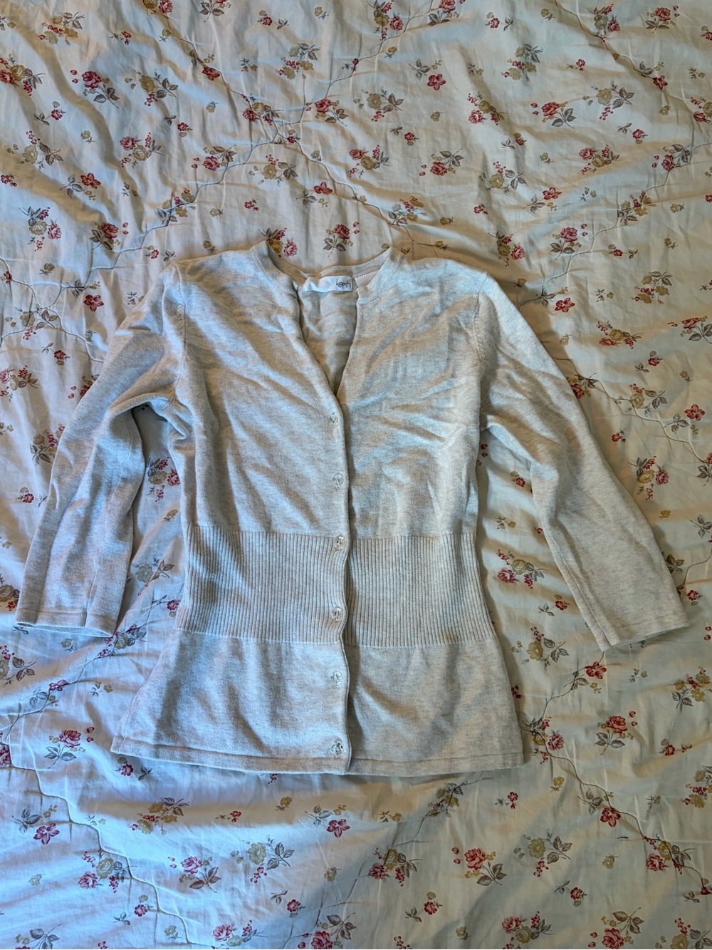 Kersh Cream Button-Front Rib Waist Cardigan w/ Crystal Buttons